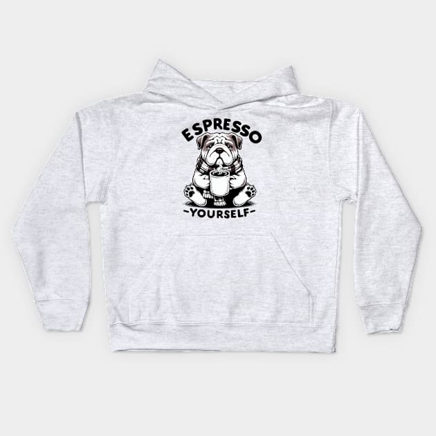 "Warm Espresso Bulldog - Cozy Coffee Humor" Kids Hoodie by WEARWORLD